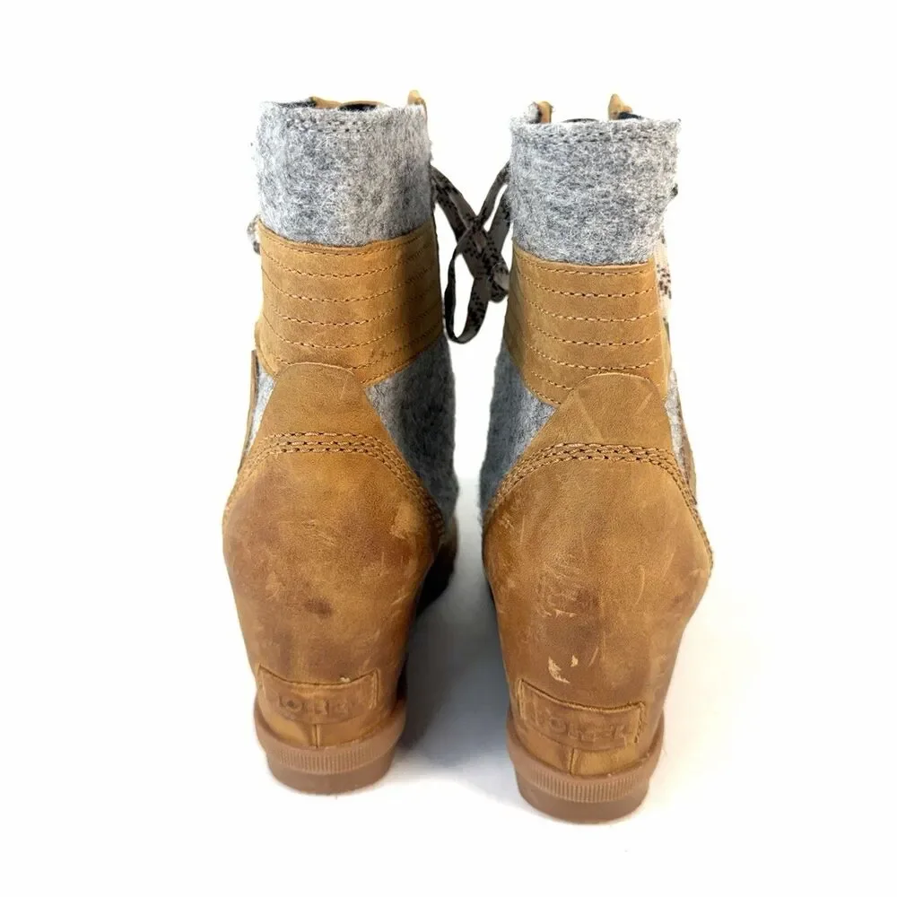 Sorel Lexie Wedge Boots Wool Felt Camel Leather NL3376-224 Women's Size 8.5